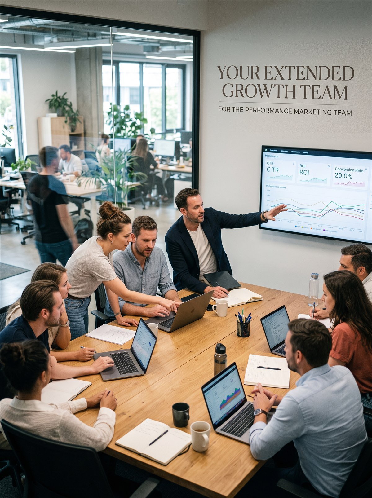 Performance marketing team collaborating around campaign dashboards